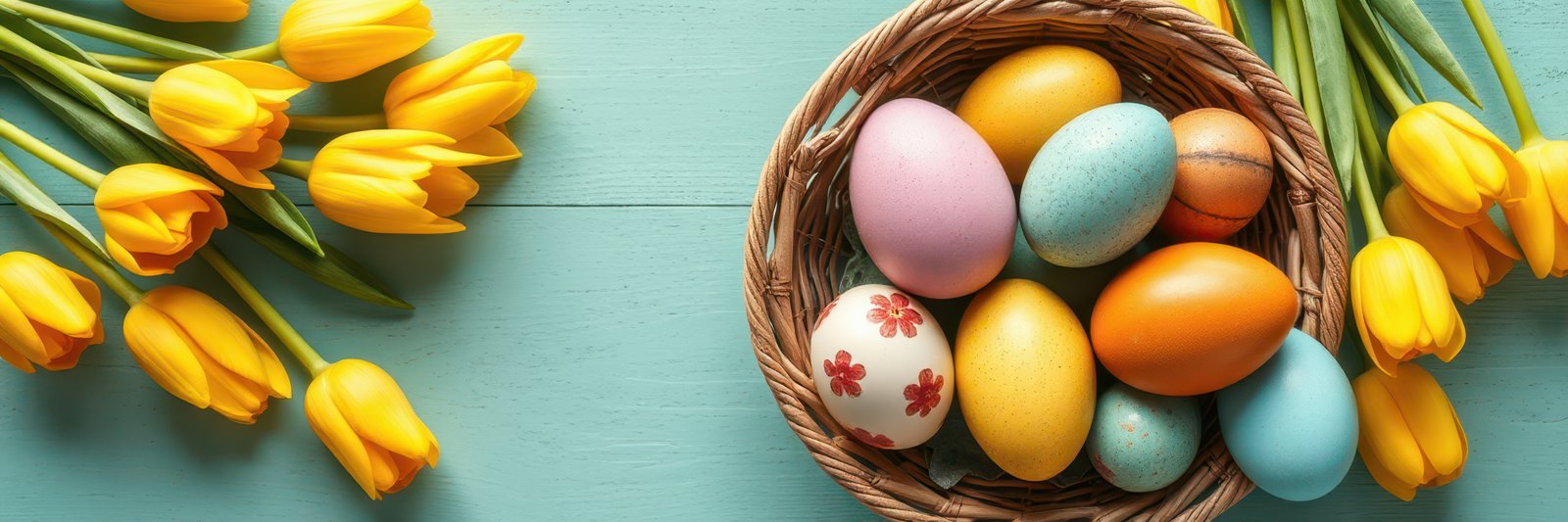 Colorful Easter eggs surrounded by yellow tulips on a blue wooden surface celebrating springtime festivities